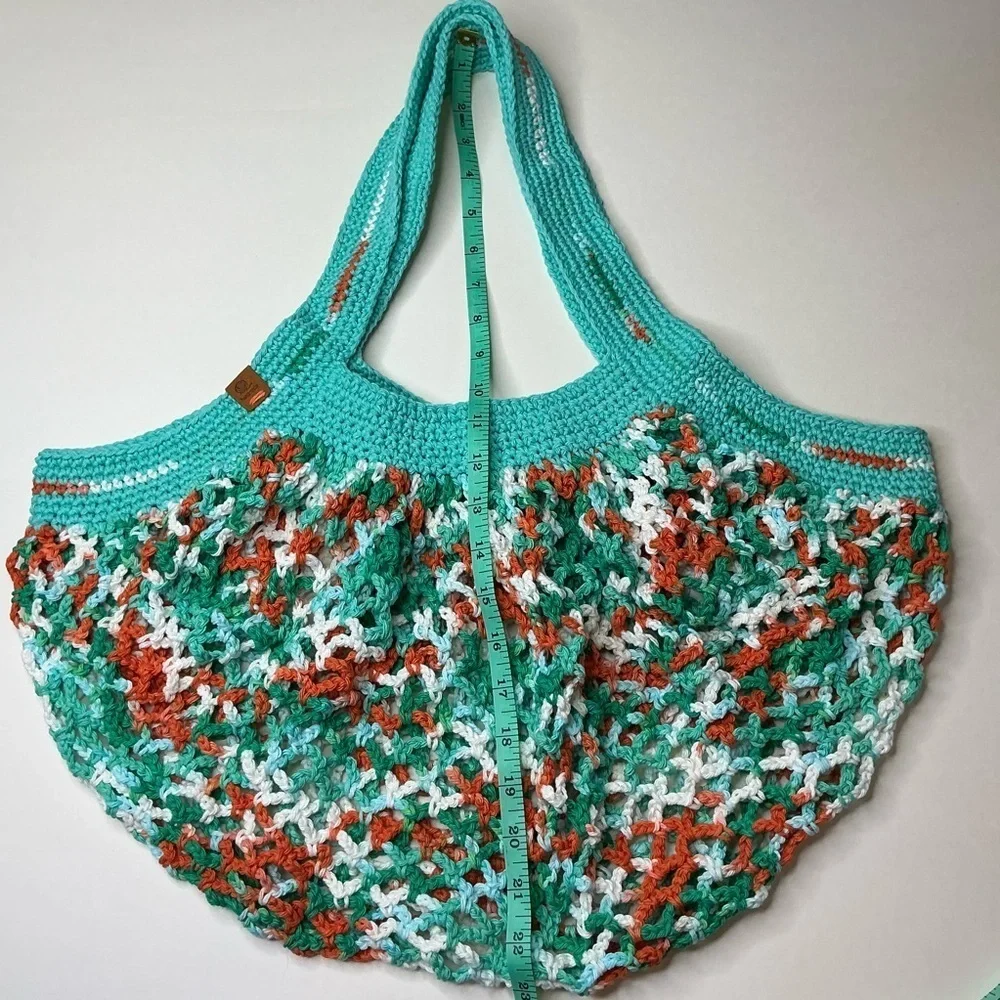 Large‎ Crochet Mesh Market Bag Teal White Cotton Handcrafted Handmade Reusable